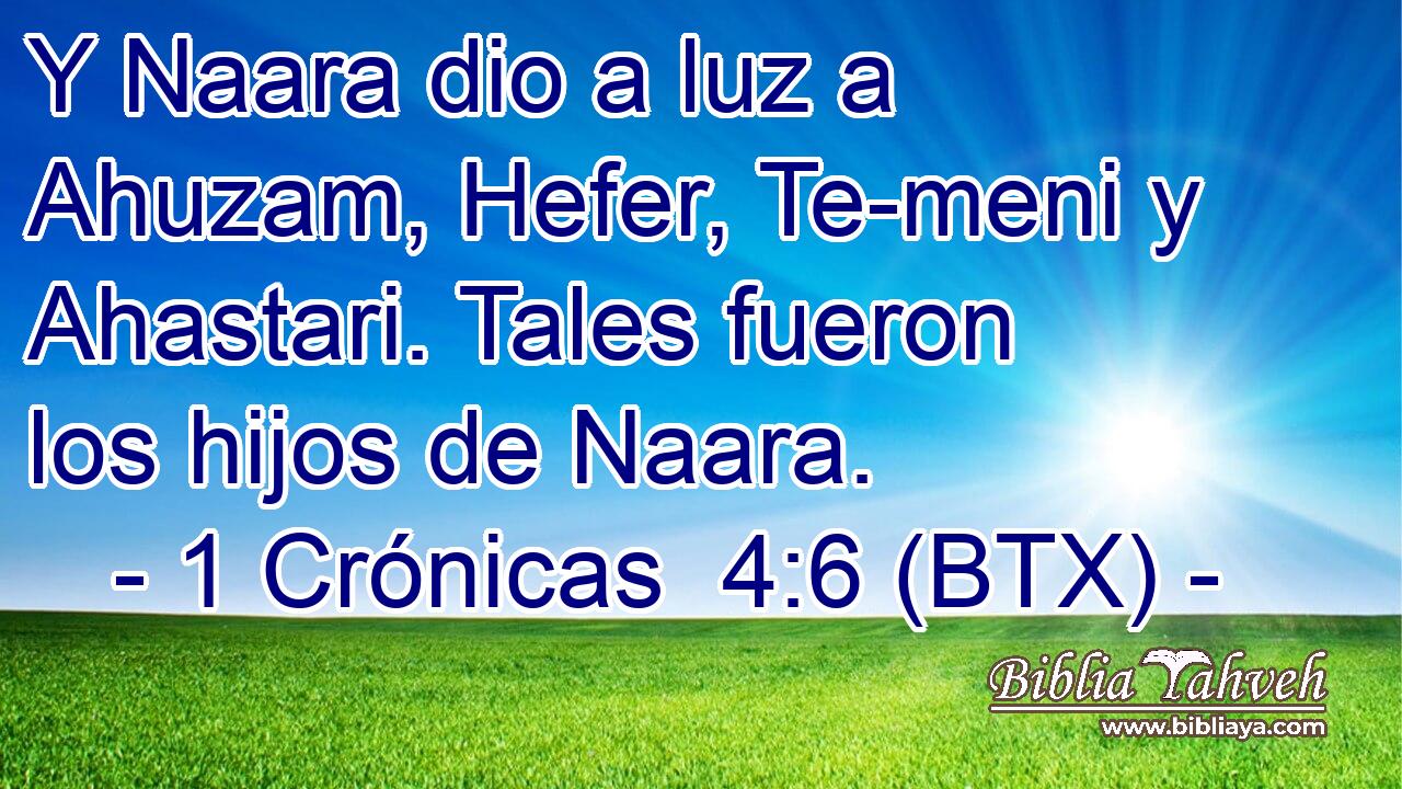 Y Naara dio a luz a Ahuzam, Hefer, Te-meni y Ahastari. Tales fueron los hijos de Naara.