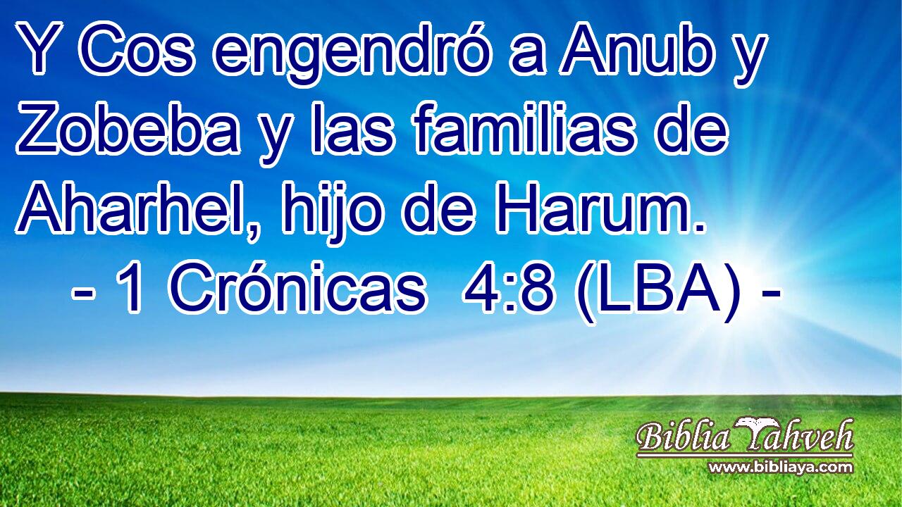 Y Cos engendró a Anub y Zobeba y las familias de Aharhel, hijo de Harum.
