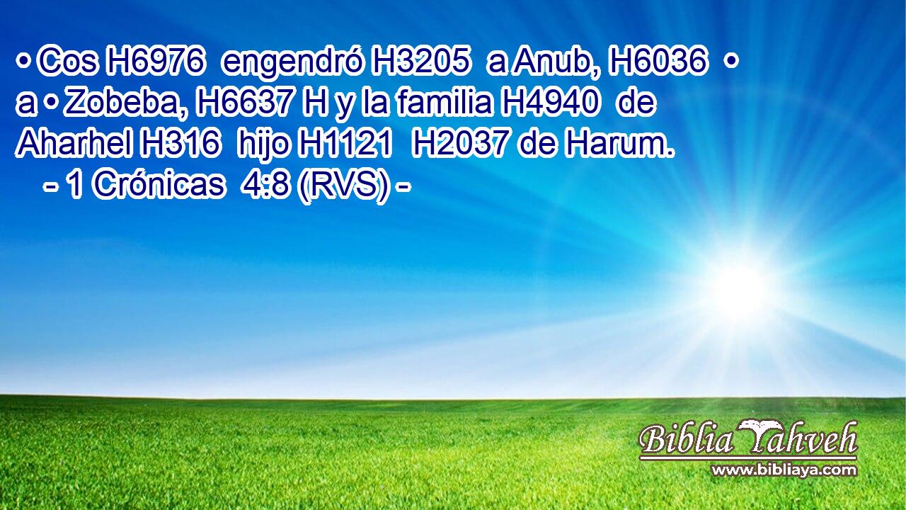 • Cos H6976  engendró H3205  a Anub, H6036  • a • Zobeba, H6637 H y la familia H4940  de Aharhel H316  hijo H1121  H2037 de Harum. 