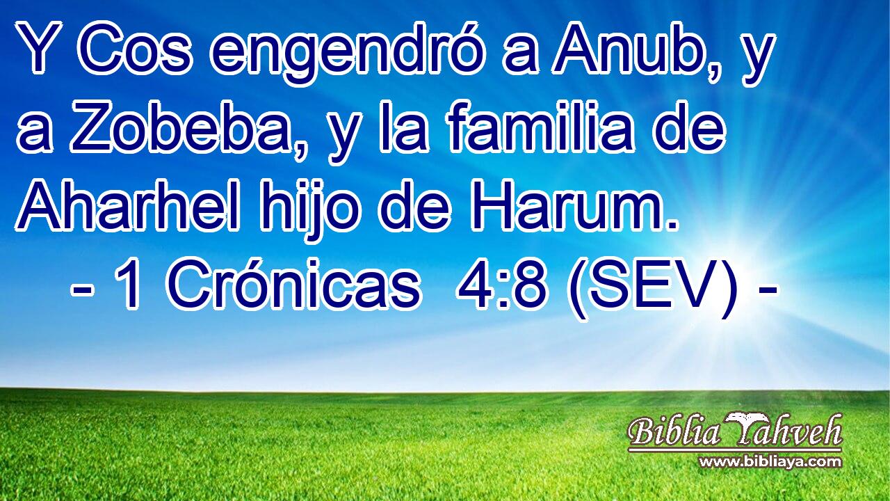 Y Cos engendró a Anub, y a Zobeba, y la familia de Aharhel hijo de Harum.