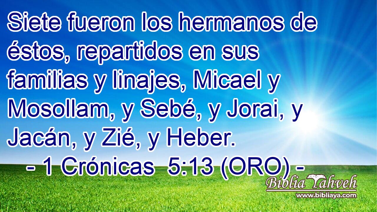  Siete fueron los hermanos de éstos, repartidos en sus familias y linajes, Micael y Mosollam, y Sebé, y Jorai, y Jacán, y Zié, y Heber. 