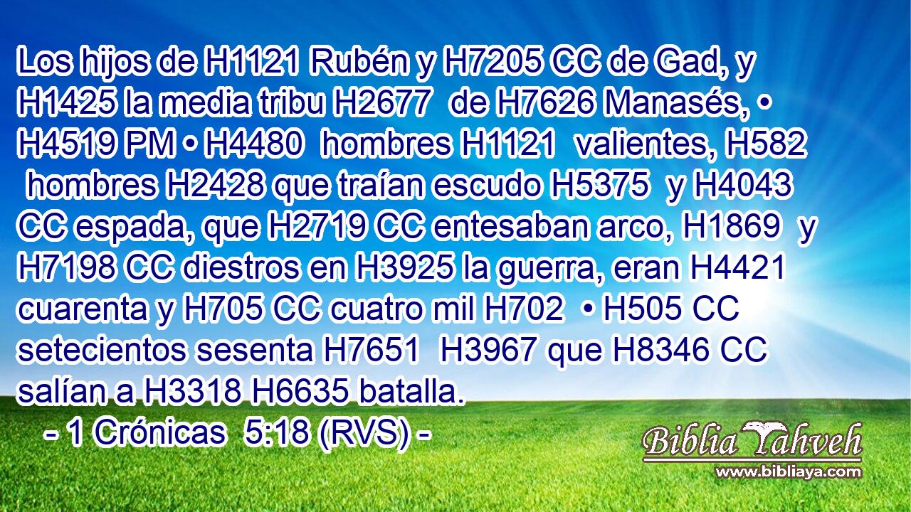 Los hijos de H1121 Rubén y H7205 CC de Gad, y H1425 la media tribu H2677  de H7626 Manasés, • H4519 PM • H4480  hombres H1121  valientes, H582  hombres H2428 que traían escudo H5375  y H4043 CC espada, que H2719 CC entesaban arco, H1869  y H7198 CC diestros en H3925 la guerra, eran H4421 cuarenta y H705 CC cuatro mil H702  • H505 CC setecientos sesenta H7651  H3967 que H8346 CC salían a H3318 H6635 batalla. 