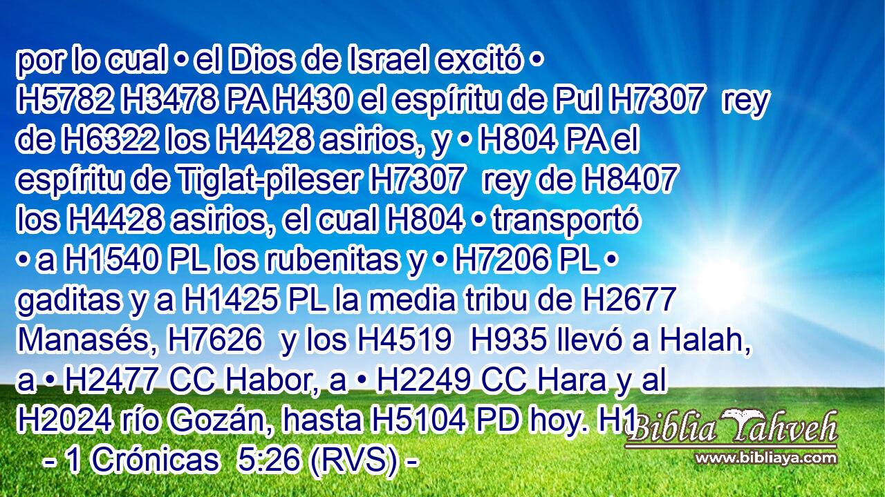 por lo cual • el Dios de Israel excitó • H5782 H3478 PA H430 el espíritu de Pul H7307  rey de H6322 los H4428 asirios, y • H804 PA el espíritu de Tiglat-pileser H7307  rey de H8407 los H4428 asirios, el cual H804 • transportó • a H1540 PL los rubenitas y • H7206 PL • gaditas y a H1425 PL la media tribu de H2677 Manasés, H7626  y los H4519  H935 llevó a Halah, a • H2477 CC Habor, a • H2249 CC Hara y al H2024 río Gozán, hasta H5104 PD hoy. H1