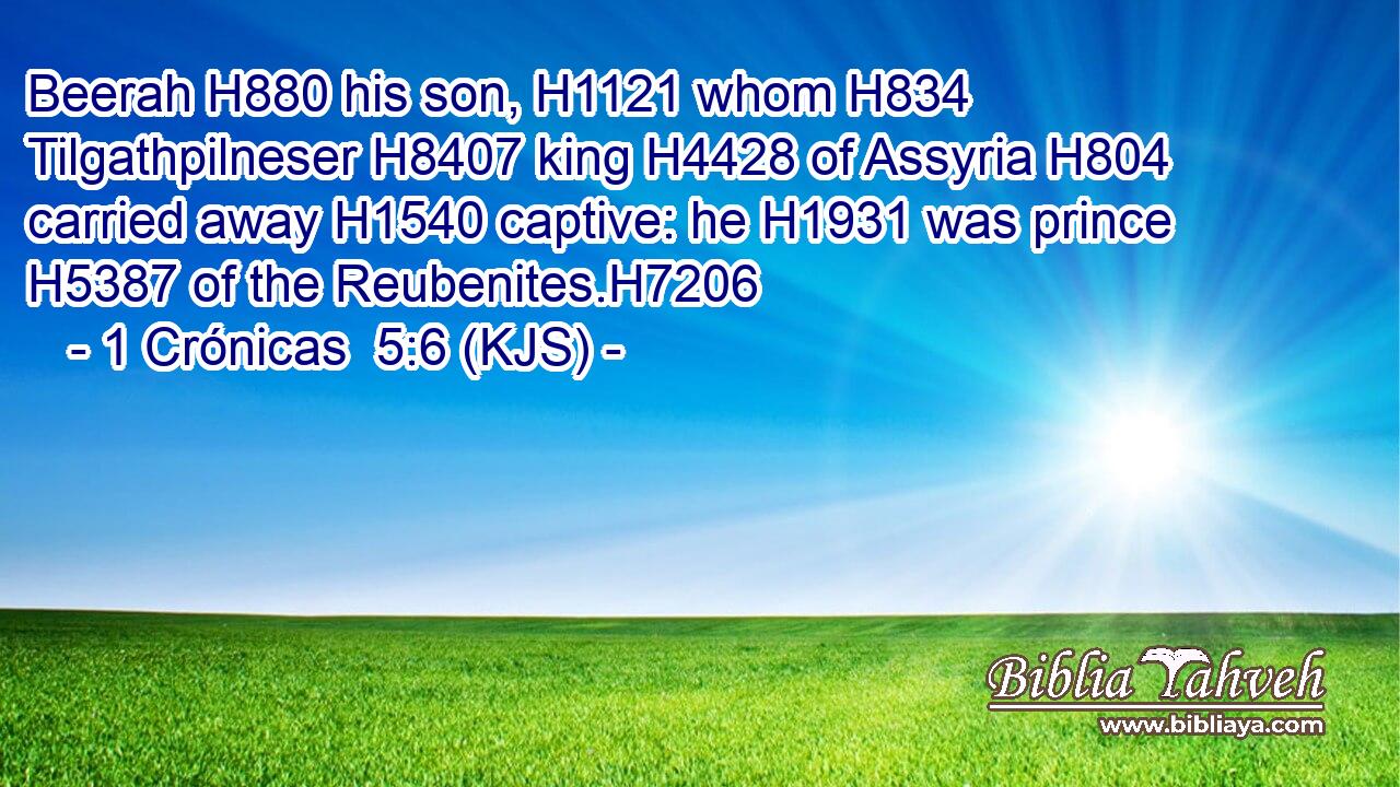 Beerah H880 his son, H1121 whom H834 Tilgathpilneser H8407 king H4428 of Assyria H804 carried away H1540 captive: he H1931 was prince H5387 of the Reubenites.H7206
