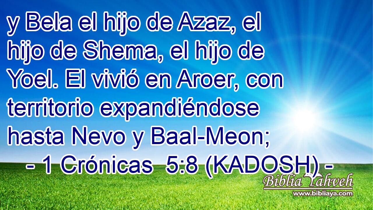  y Bela el hijo de Azaz, el hijo de Shema, el hijo de Yoel. El vivió en Aroer, con territorio expandiéndose hasta Nevo y Baal-Meon; 