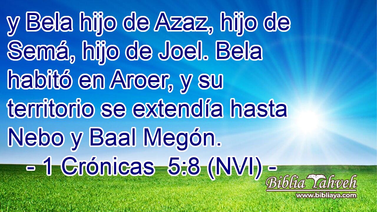  y Bela hijo de Azaz, hijo de Semá, hijo de Joel. Bela habitó en Aroer, y su territorio se extendía hasta Nebo y Baal Megón. 