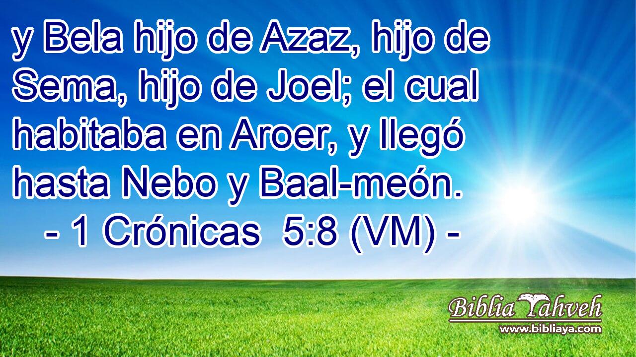  y Bela hijo de Azaz, hijo de Sema, hijo de Joel; el cual habitaba en Aroer, y llegó hasta Nebo y Baal-meón. 