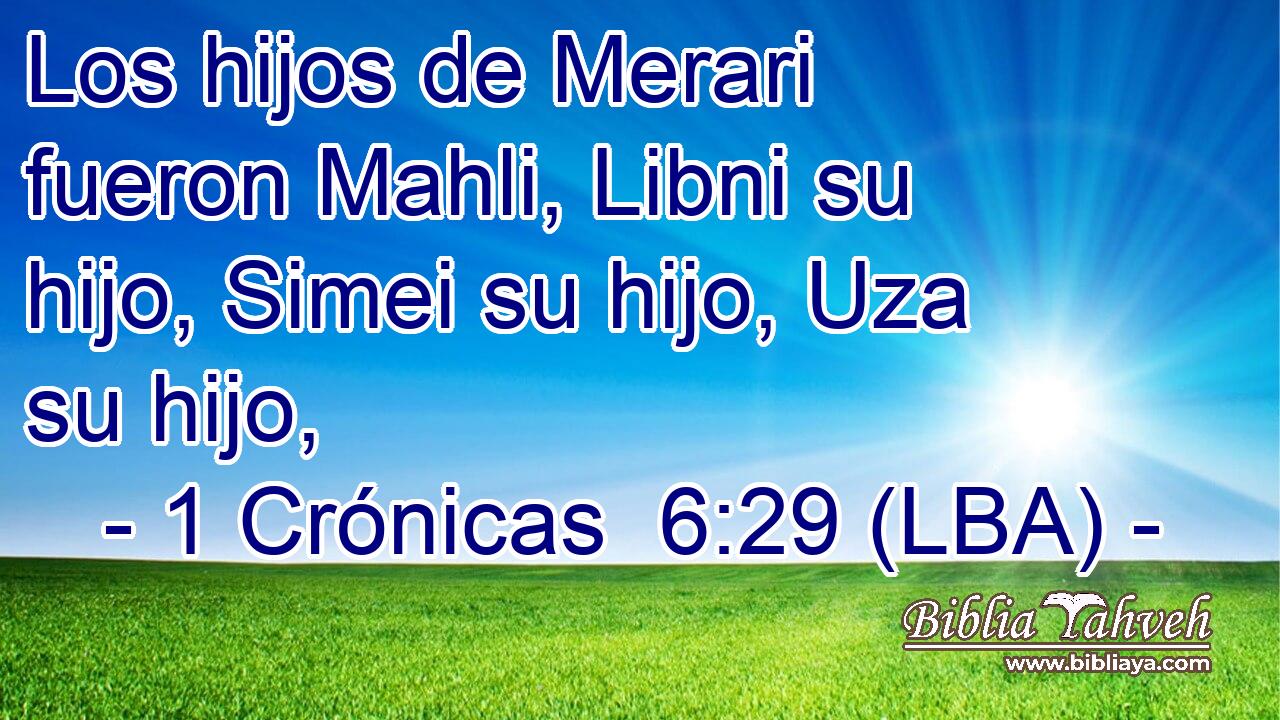 Los hijos de Merari fueron Mahli, Libni su hijo, Simei su hijo, Uza su hijo,