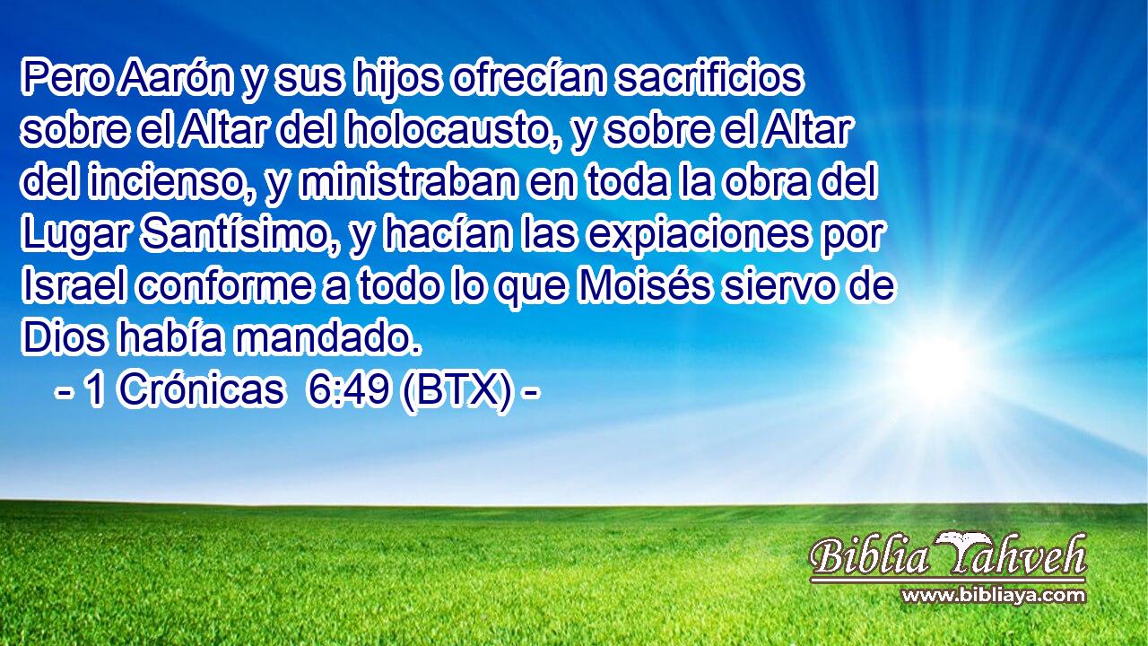Pero Aarón y sus hijos ofrecían sacrificios sobre el Altar del holocausto, y sobre el Altar del incienso, y ministraban en toda la obra del Lugar Santísimo, y hacían las expiaciones por Israel conforme a todo lo que Moisés siervo de Dios había mandado.