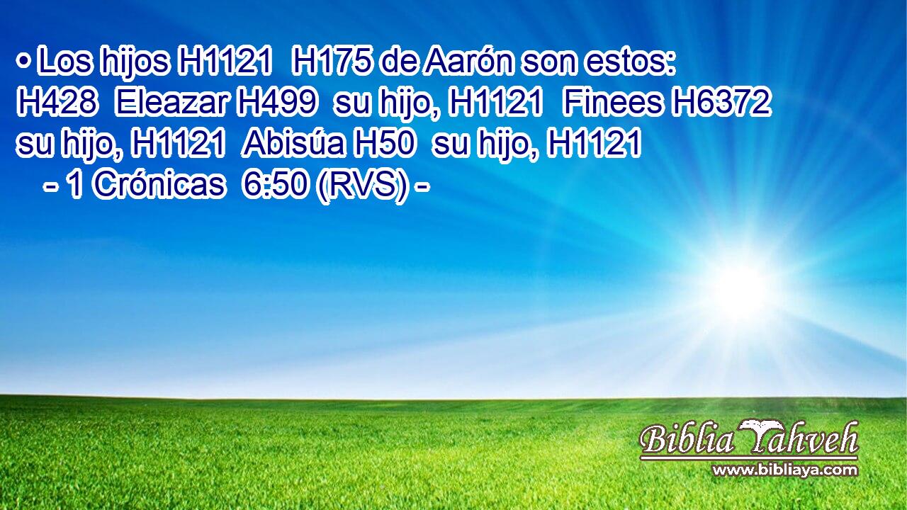 • Los hijos H1121  H175 de Aarón son estos: H428  Eleazar H499  su hijo, H1121  Finees H6372  su hijo, H1121  Abisúa H50  su hijo, H1121  