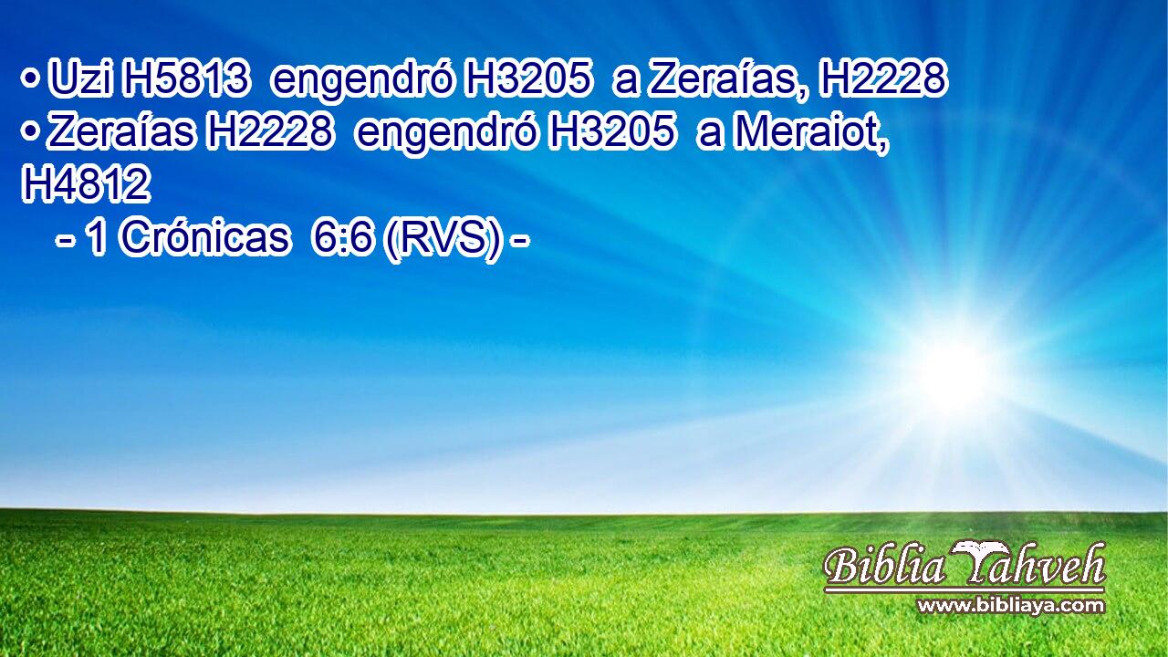• Uzi H5813  engendró H3205  a Zeraías, H2228  • Zeraías H2228  engendró H3205  a Meraiot, H4812  