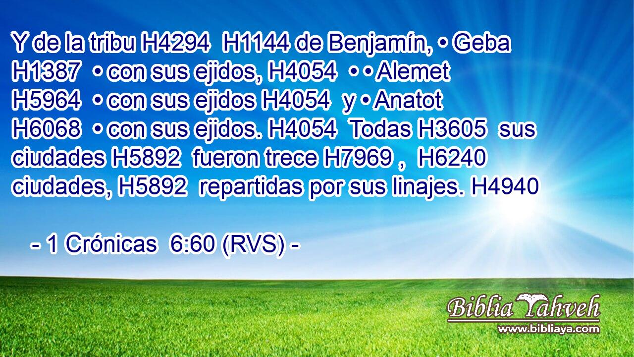 Y de la tribu H4294  H1144 de Benjamín, • Geba H1387  • con sus ejidos, H4054  • • Alemet H5964  • con sus ejidos H4054  y • Anatot H6068  • con sus ejidos. H4054  Todas H3605  sus ciudades H5892  fueron trece H7969 ,  H6240 ciudades, H5892  repartidas por sus linajes. H4940  