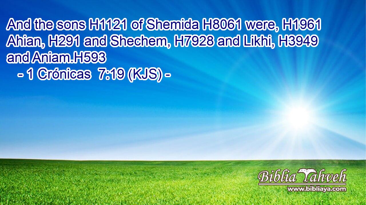 And the sons H1121 of Shemida H8061 were, H1961 Ahian, H291 and Shechem, H7928 and Likhi, H3949 and Aniam.H593
