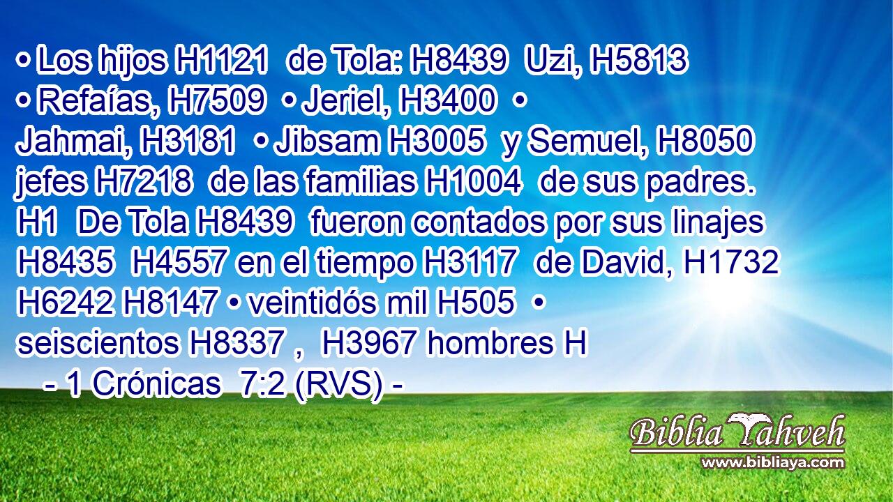 • Los hijos H1121  de Tola: H8439  Uzi, H5813  • Refaías, H7509  • Jeriel, H3400  • Jahmai, H3181  • Jibsam H3005  y Semuel, H8050  jefes H7218  de las familias H1004  de sus padres. H1  De Tola H8439  fueron contados por sus linajes H8435  H4557 en el tiempo H3117  de David, H1732  H6242 H8147 • veintidós mil H505  • seiscientos H8337 ,  H3967 hombres H