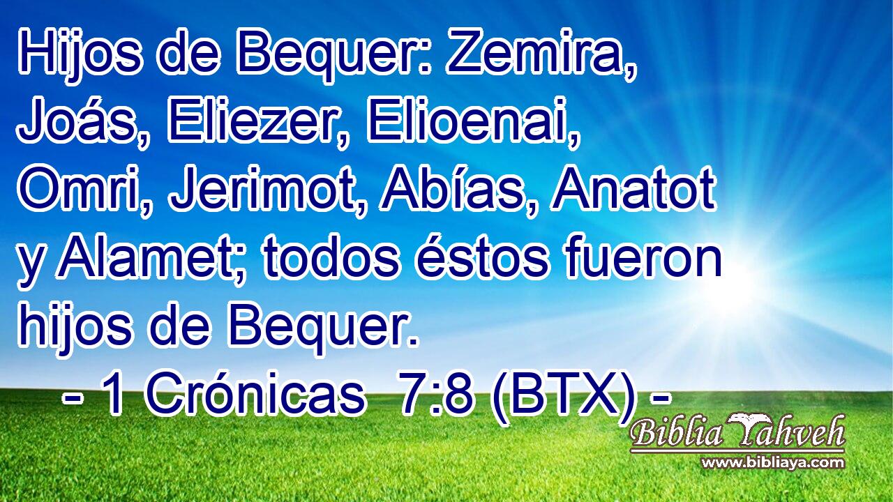Hijos de Bequer: Zemira, Joás, Eliezer, Elioenai, Omri, Jerimot, Abías, Anatot y Alamet; todos éstos fueron hijos de Bequer.