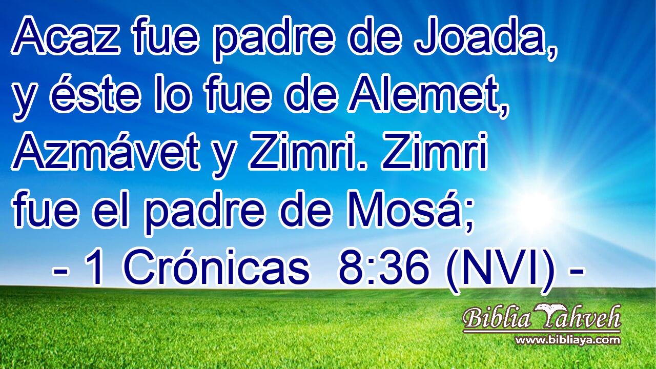  Acaz fue padre de Joada, y éste lo fue de Alemet, Azmávet y Zimri. Zimri fue el padre de Mosá; 