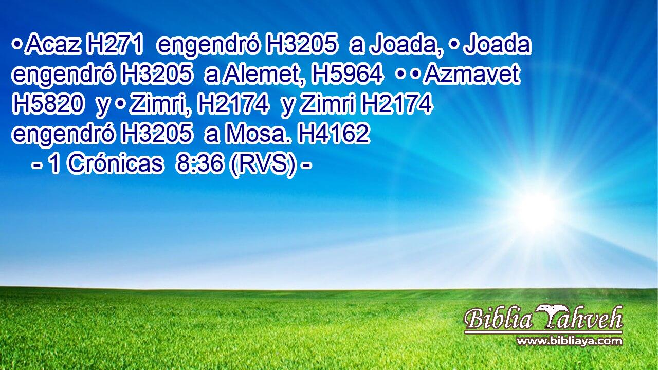 • Acaz H271  engendró H3205  a Joada, • Joada engendró H3205  a Alemet, H5964  • • Azmavet H5820  y • Zimri, H2174  y Zimri H2174  engendró H3205  a Mosa. H4162  