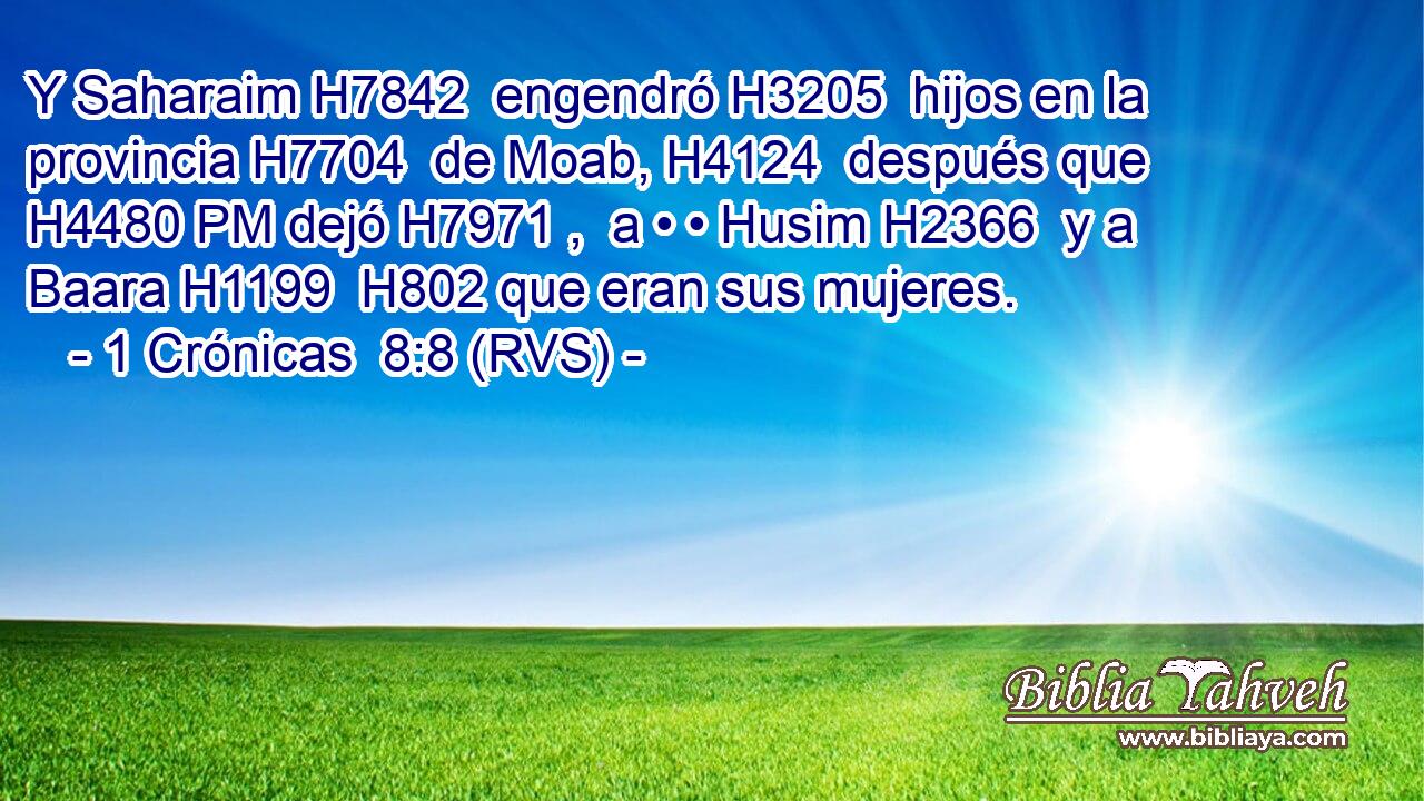 Y Saharaim H7842  engendró H3205  hijos en la provincia H7704  de Moab, H4124  después que H4480 PM dejó H7971 ,  a • • Husim H2366  y a Baara H1199  H802 que eran sus mujeres. 