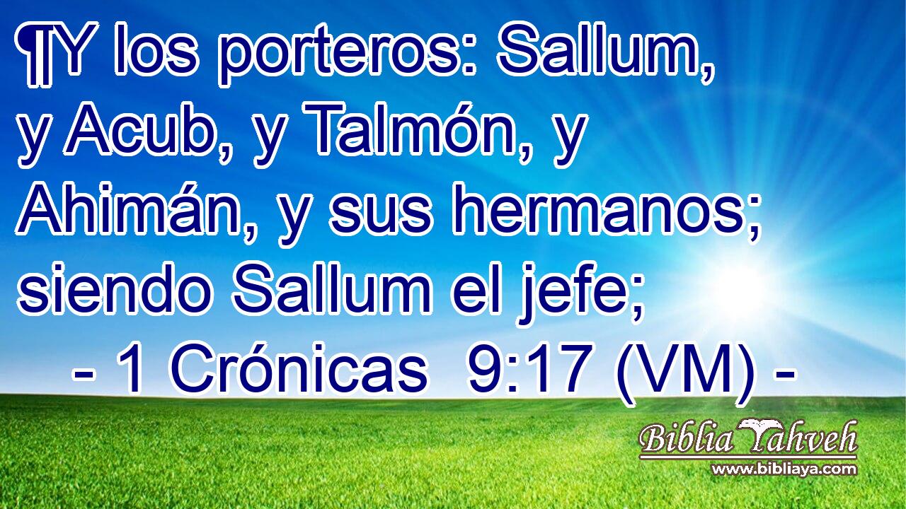  ¶Y los porteros: Sallum, y Acub, y Talmón, y Ahimán, y sus hermanos; siendo Sallum el jefe; 