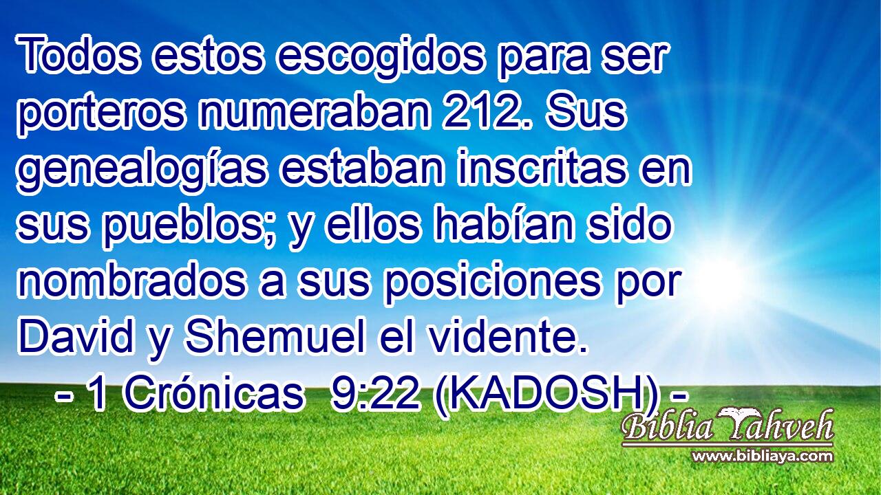  Todos estos escogidos para ser porteros numeraban 212. Sus genealogías estaban inscritas en sus pueblos; y ellos habían sido nombrados a sus posiciones por David y Shemuel el vidente. 