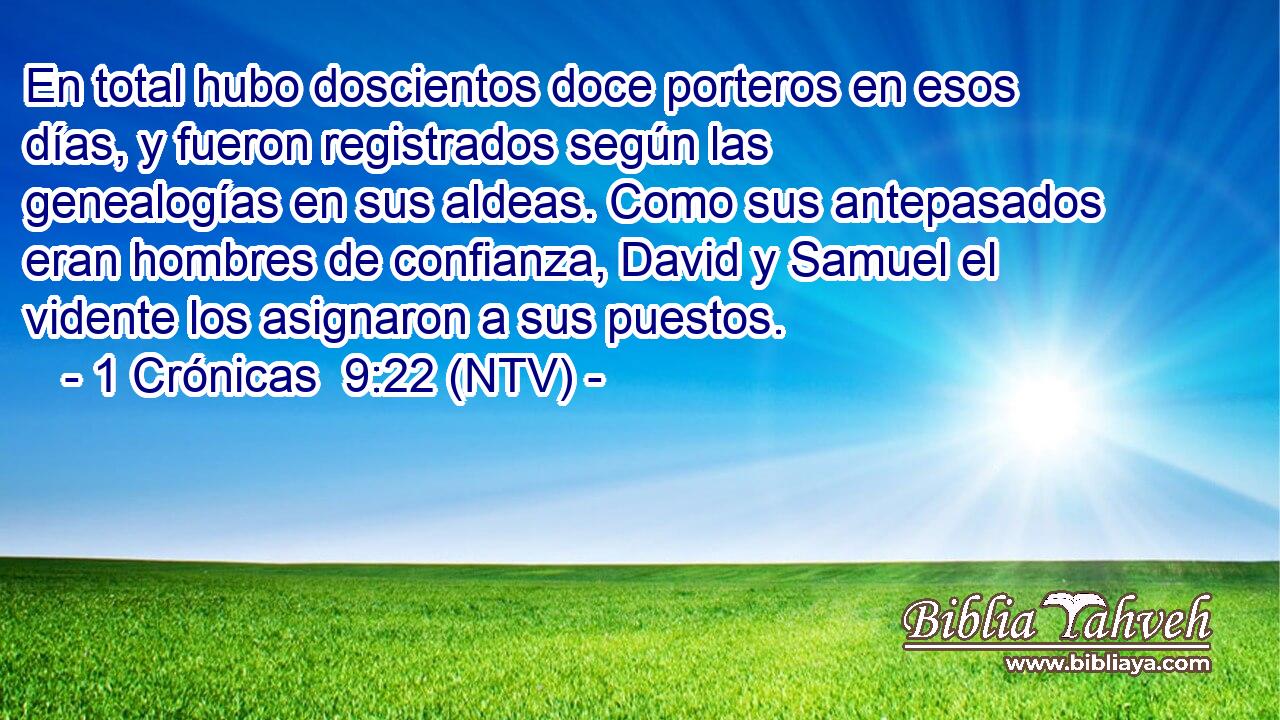 En total hubo doscientos doce porteros en esos días, y fueron registrados según las genealogías en sus aldeas. Como sus antepasados eran hombres de confianza, David y Samuel el vidente los asignaron a sus puestos.