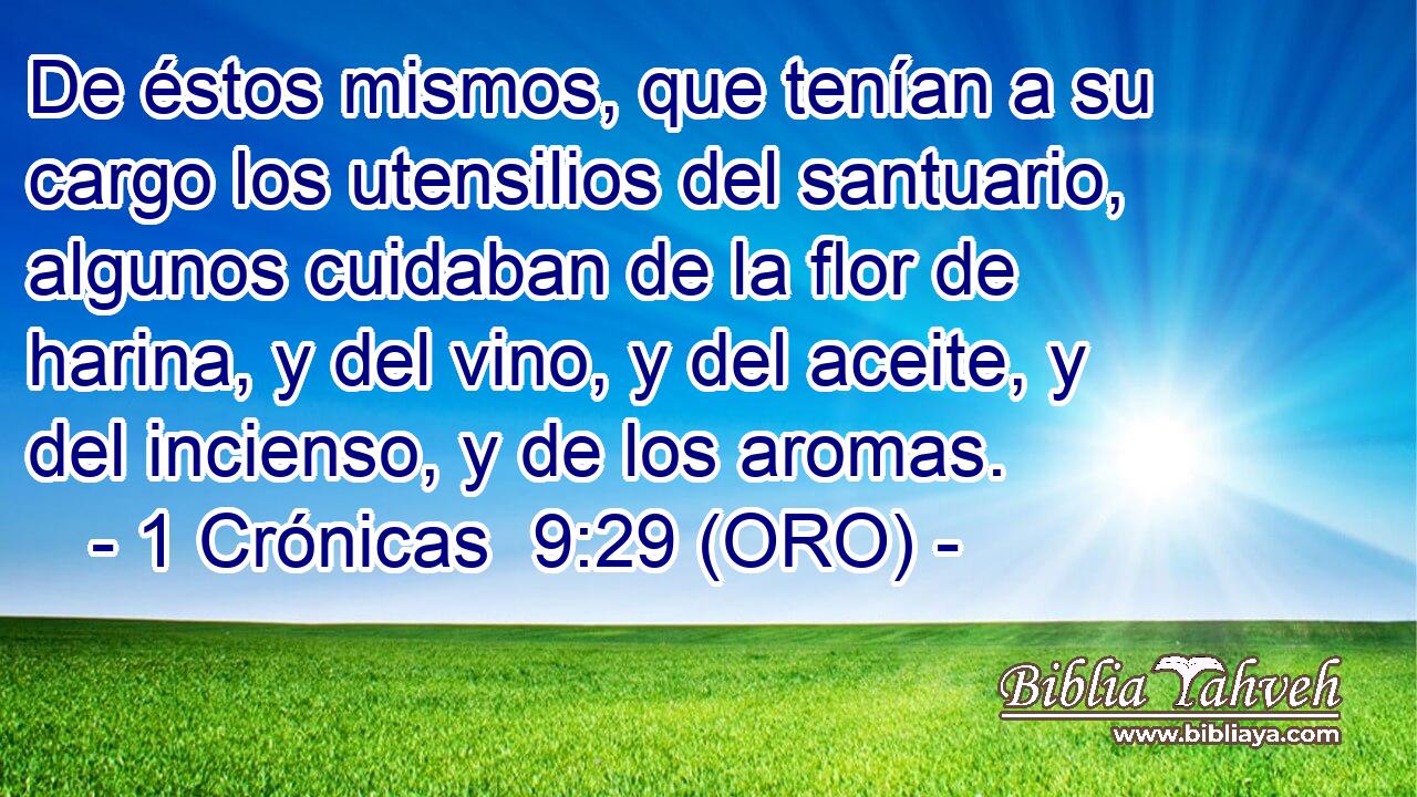  De éstos mismos, que tenían a su cargo los utensilios del santuario, algunos cuidaban de la flor de harina, y del vino, y del aceite, y del incienso, y de los aromas. 