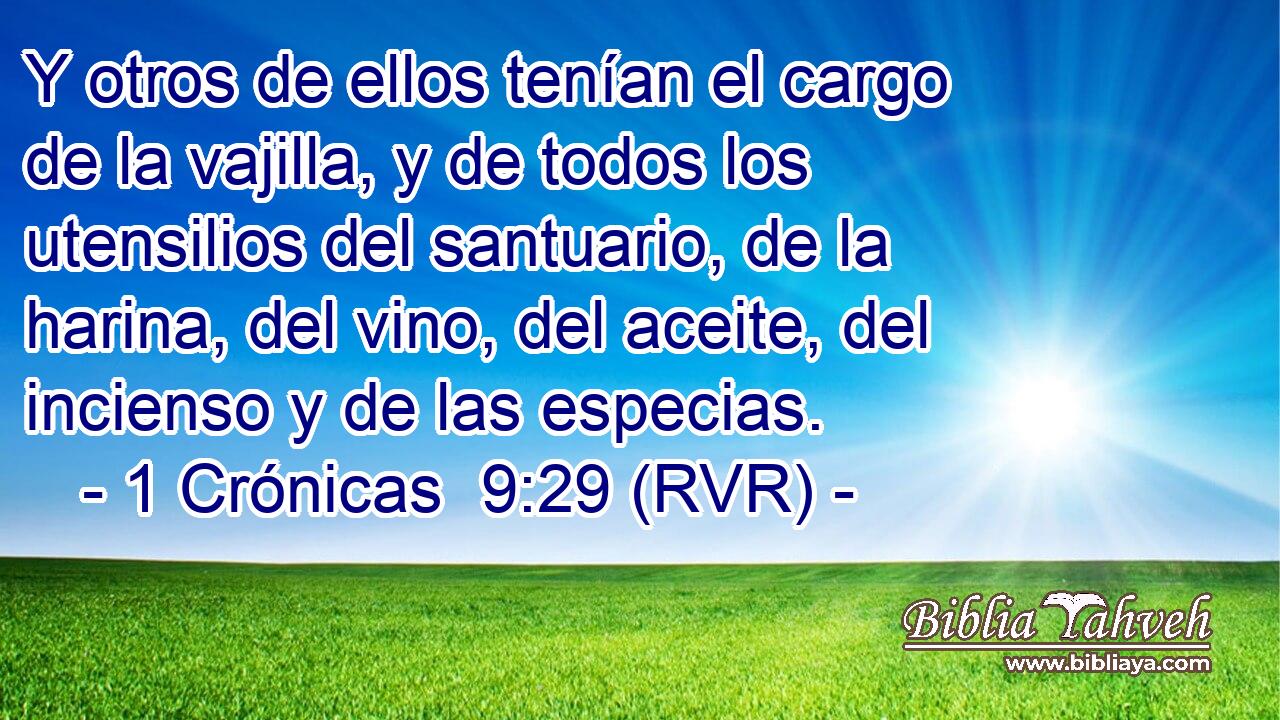 Y otros de ellos tenían el cargo de la vajilla, y de todos los utensilios del santuario, de la harina, del vino, del aceite, del incienso y de las especias.