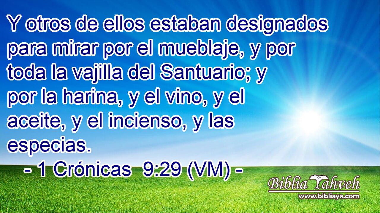 Y otros de ellos estaban designados para mirar por el mueblaje, y por toda la vajilla del Santuario; y por la harina, y el vino, y el aceite, y el incienso, y las especias. 