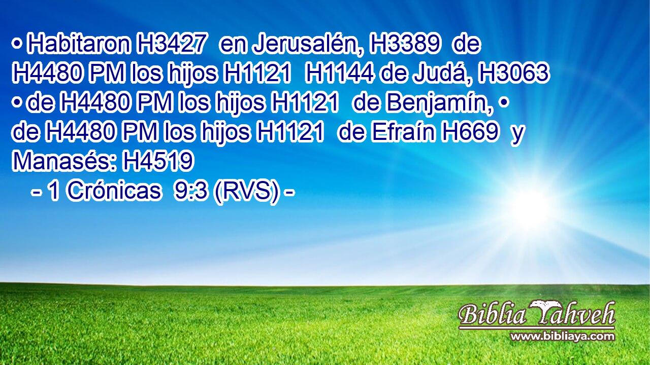 • Habitaron H3427  en Jerusalén, H3389  de H4480 PM los hijos H1121  H1144 de Judá, H3063  • de H4480 PM los hijos H1121  de Benjamín, • de H4480 PM los hijos H1121  de Efraín H669  y Manasés: H4519  