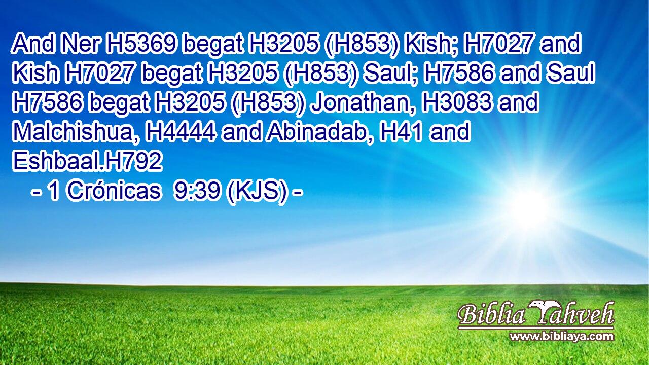 And Ner H5369 begat H3205 (H853) Kish; H7027 and Kish H7027 begat H3205 (H853) Saul; H7586 and Saul H7586 begat H3205 (H853) Jonathan, H3083 and Malchishua, H4444 and Abinadab, H41 and Eshbaal.H792