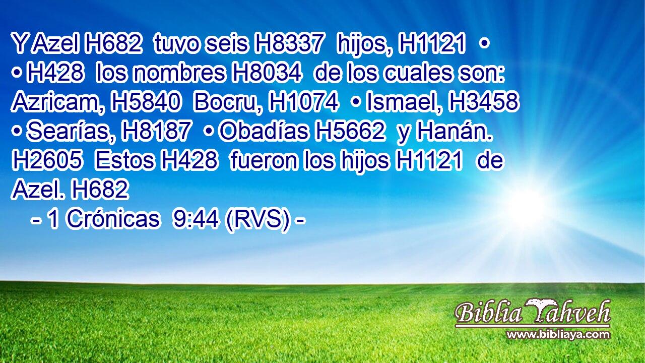 Y Azel H682  tuvo seis H8337  hijos, H1121  • • H428  los nombres H8034  de los cuales son: Azricam, H5840  Bocru, H1074  • Ismael, H3458  • Searías, H8187  • Obadías H5662  y Hanán. H2605  Estos H428  fueron los hijos H1121  de Azel. H682  