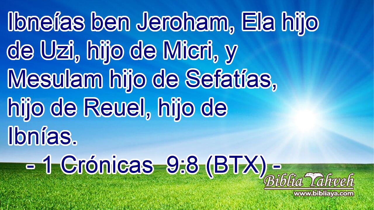 Ibneías ben Jeroham, Ela hijo de Uzi, hijo de Micri, y Mesulam hijo de Sefatías, hijo de Reuel, hijo de Ibnías.
