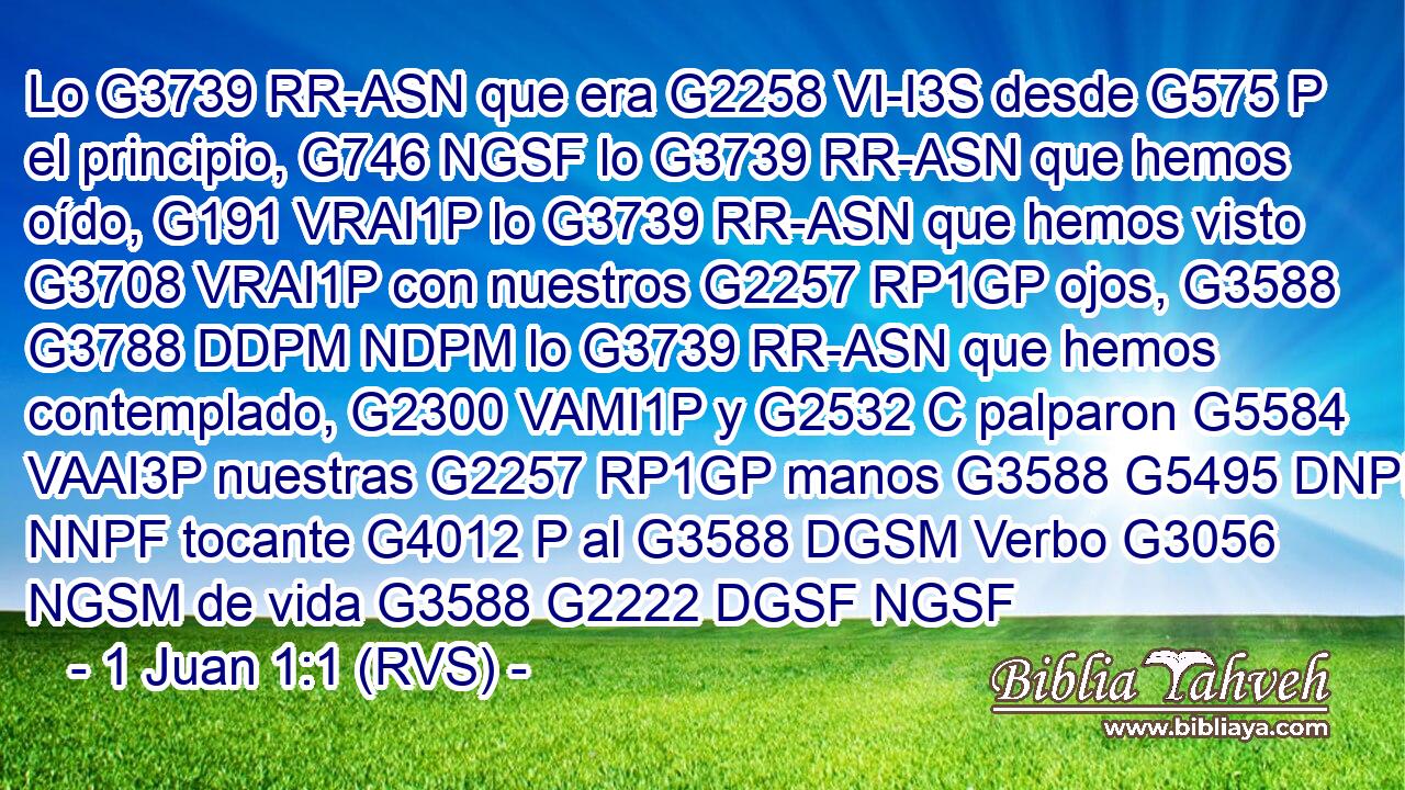 Lo G3739 RR-ASN que era G2258 VI-I3S desde G575 P el principio, G746 NGSF lo G3739 RR-ASN que hemos oído, G191 VRAI1P lo G3739 RR-ASN que hemos visto G3708 VRAI1P con nuestros G2257 RP1GP ojos, G3588 G3788 DDPM NDPM lo G3739 RR-ASN que hemos contemplado, G2300 VAMI1P y G2532 C palparon G5584 VAAI3P nuestras G2257 RP1GP manos G3588 G5495 DNPF NNPF tocante G4012 P al G3588 DGSM Verbo G3056 NGSM de vida G3588 G2222 DGSF NGSF 
