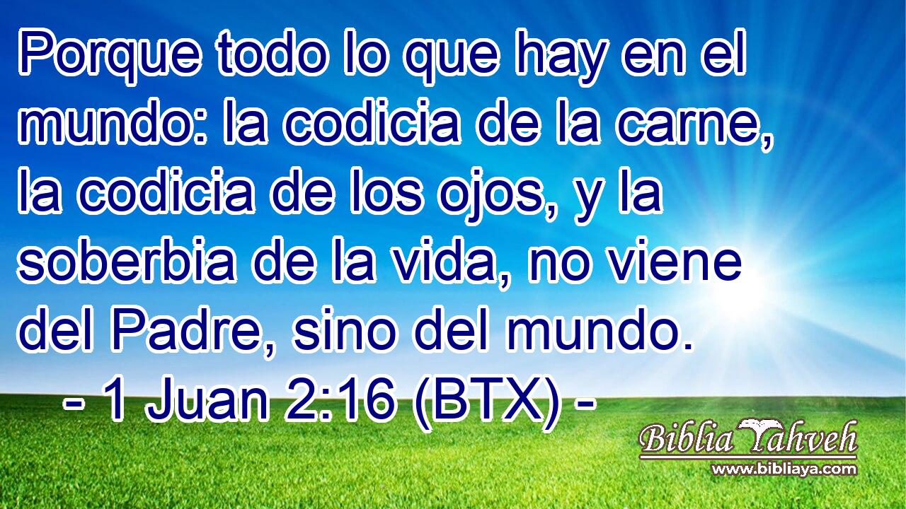 Porque todo lo que hay en el mundo: la codicia de la carne, la codicia de los ojos, y la soberbia de la vida, no viene del Padre, sino del mundo.