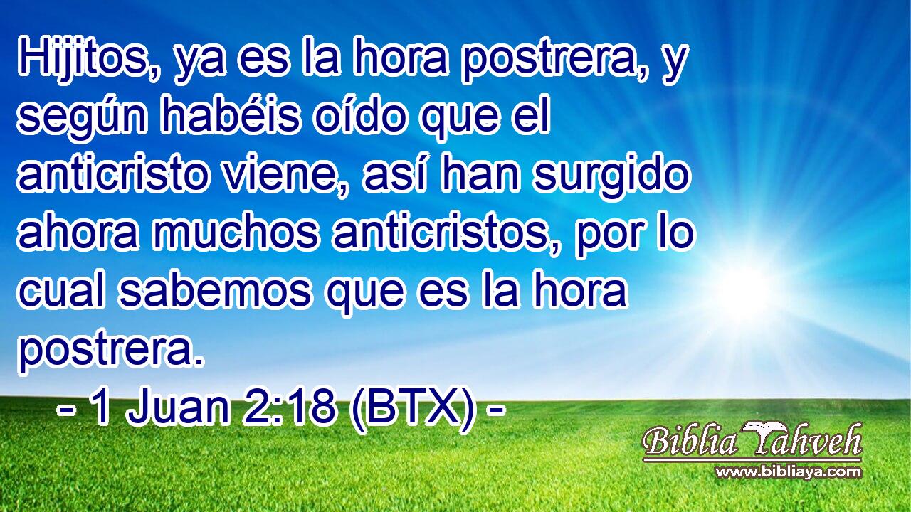 Hijitos, ya es la hora postrera, y según habéis oído que el anticristo viene, así han surgido ahora muchos anticristos, por lo cual sabemos que es la hora postrera.