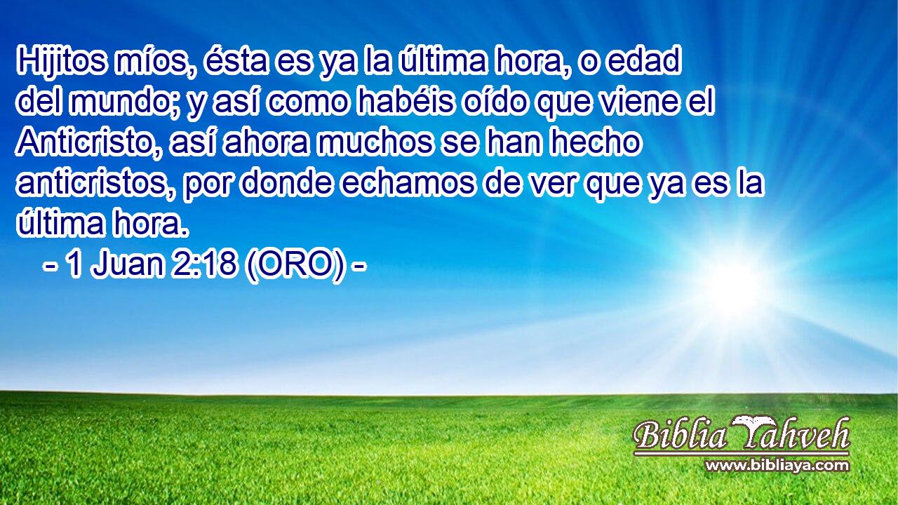  Hijitos míos, ésta es ya la última hora, o edad del mundo; y así como habéis oído que viene el Anticristo, así ahora muchos se han hecho anticristos, por donde echamos de ver que ya es la última hora. 