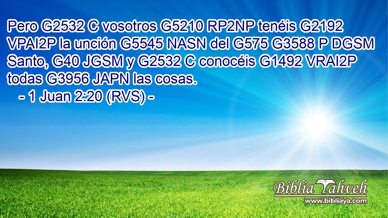 Pero G2532 C vosotros G5210 RP2NP tenéis G2192 VPAI2P la unción G5545 NASN del G575 G3588 P DGSM Santo, G40 JGSM y G2532 C conocéis G1492 VRAI2P todas G3956 JAPN las cosas. 