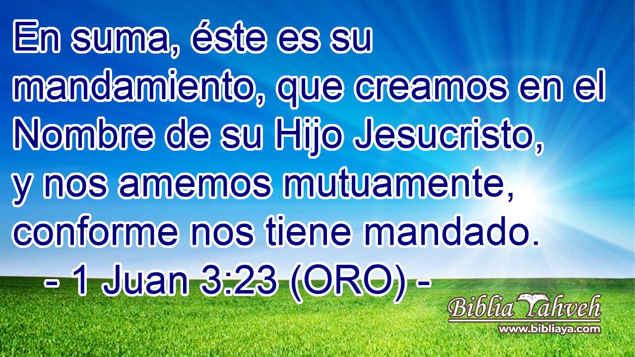  En suma, éste es su mandamiento, que creamos en el Nombre de su Hijo Jesucristo, y nos amemos mutuamente, conforme nos tiene mandado. 