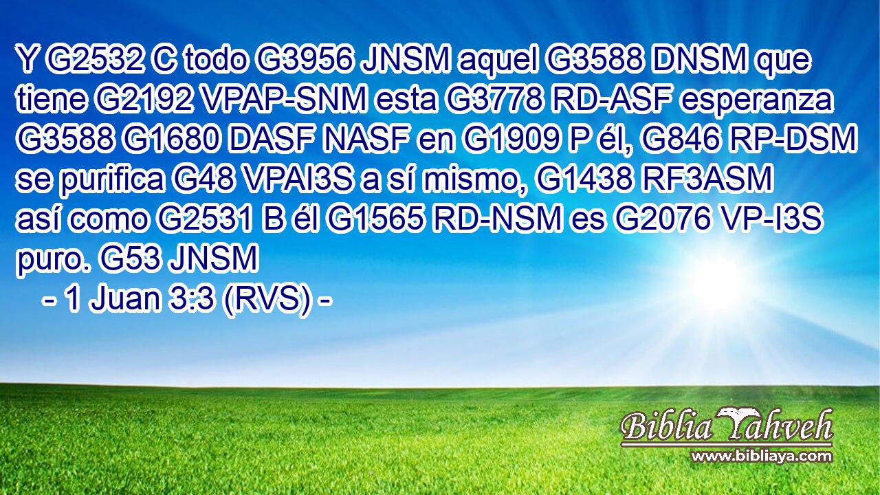 Y G2532 C todo G3956 JNSM aquel G3588 DNSM que tiene G2192 VPAP-SNM esta G3778 RD-ASF esperanza G3588 G1680 DASF NASF en G1909 P él, G846 RP-DSM se purifica G48 VPAI3S a sí mismo, G1438 RF3ASM así como G2531 B él G1565 RD-NSM es G2076 VP-I3S puro. G53 JNSM 