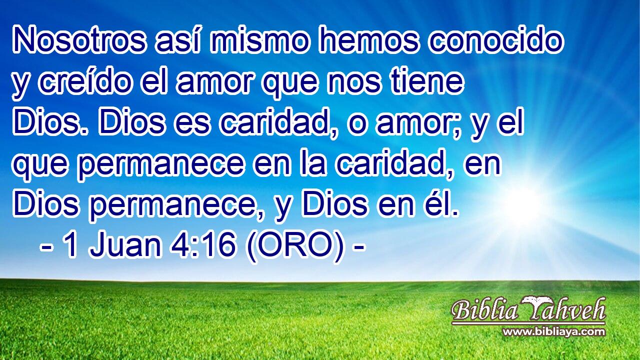  Nosotros así mismo hemos conocido y creído el amor que nos tiene Dios. Dios es caridad, o amor; y el que permanece en la caridad, en Dios permanece, y Dios en él. 