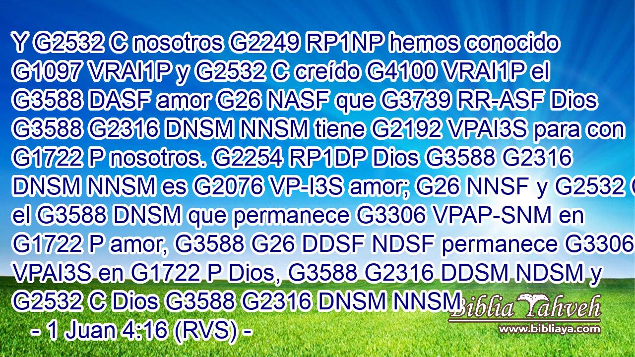 Y G2532 C nosotros G2249 RP1NP hemos conocido G1097 VRAI1P y G2532 C creído G4100 VRAI1P el G3588 DASF amor G26 NASF que G3739 RR-ASF Dios G3588 G2316 DNSM NNSM tiene G2192 VPAI3S para con G1722 P nosotros. G2254 RP1DP Dios G3588 G2316 DNSM NNSM es G2076 VP-I3S amor; G26 NNSF y G2532 C el G3588 DNSM que permanece G3306 VPAP-SNM en G1722 P amor, G3588 G26 DDSF NDSF permanece G3306 VPAI3S en G1722 P Dios, G3588 G2316 DDSM NDSM y G2532 C Dios G3588 G2316 DNSM NNSM