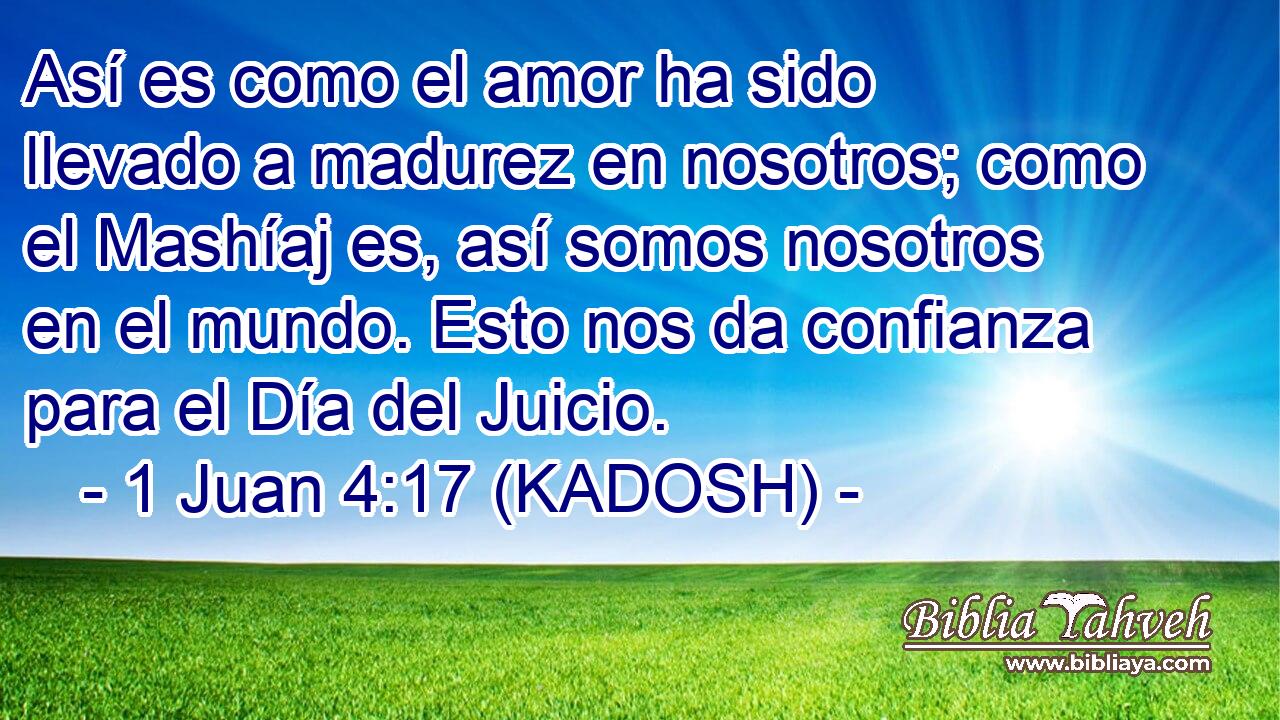  Así es como el amor ha sido llevado a madurez en nosotros; como el Mashíaj es, así somos nosotros en el mundo. Esto nos da confianza para el Día del Juicio. 
