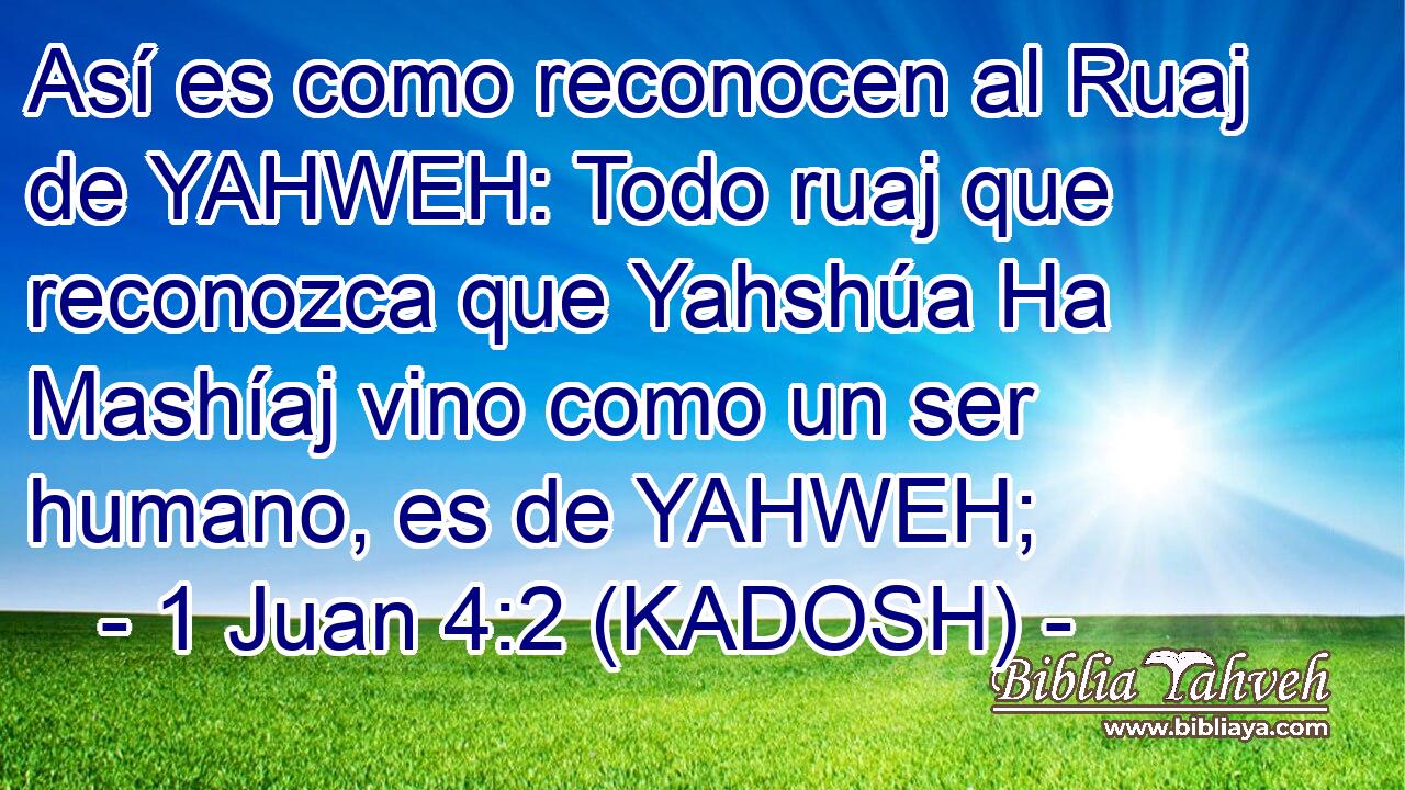  Así es como reconocen al Ruaj de YAHWEH: Todo ruaj que reconozca que Yahshúa Ha Mashíaj vino como un ser humano, es de YAHWEH; 