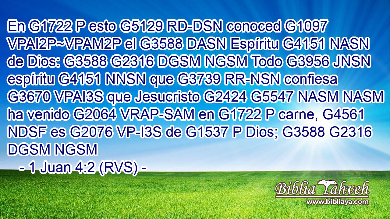 En G1722 P esto G5129 RD-DSN conoced G1097 VPAI2P~VPAM2P el G3588 DASN Espíritu G4151 NASN de Dios: G3588 G2316 DGSM NGSM Todo G3956 JNSN espíritu G4151 NNSN que G3739 RR-NSN confiesa G3670 VPAI3S que Jesucristo G2424 G5547 NASM NASM ha venido G2064 VRAP-SAM en G1722 P carne, G4561 NDSF es G2076 VP-I3S de G1537 P Dios; G3588 G2316 DGSM NGSM 