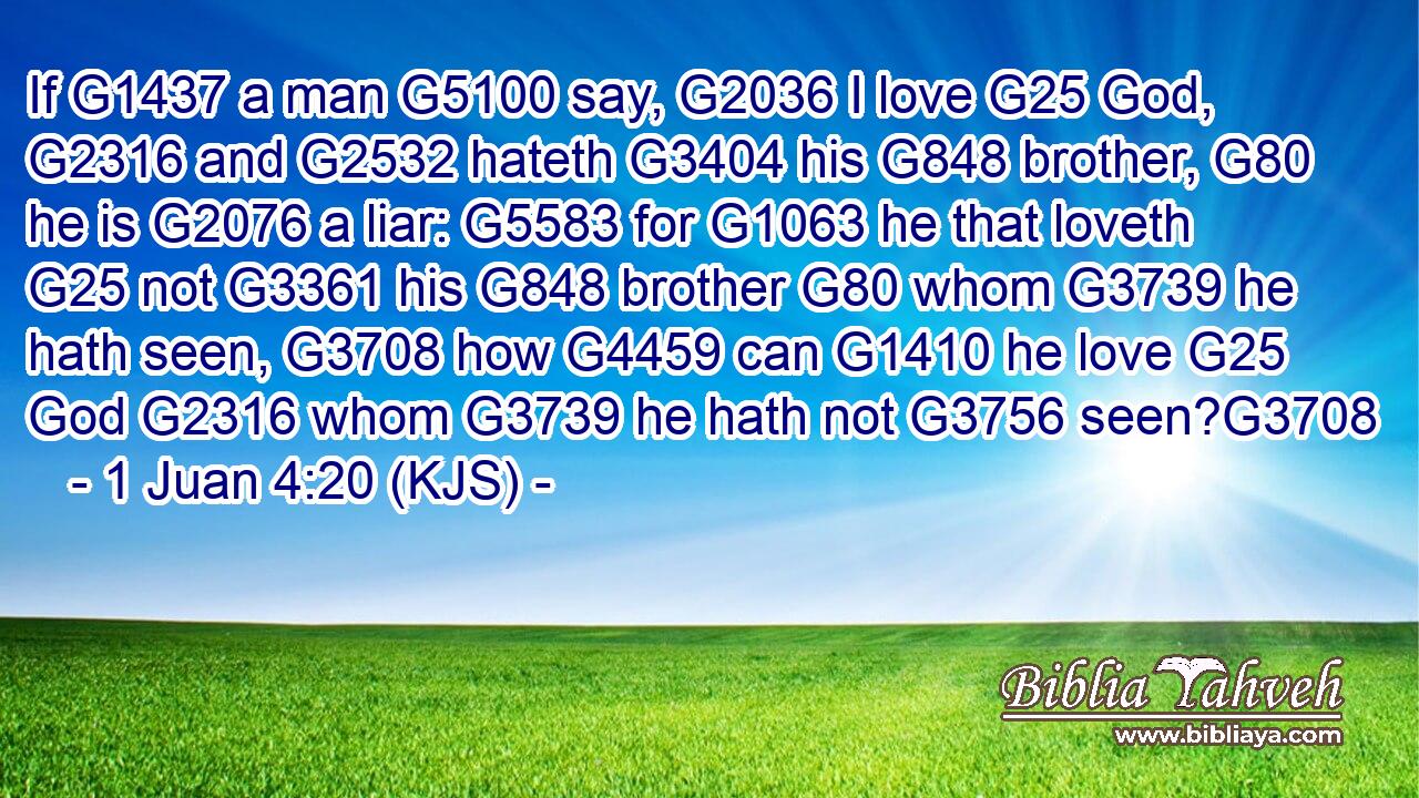 If G1437 a man G5100 say, G2036 I love G25 God, G2316 and G2532 hateth G3404 his G848 brother, G80 he is G2076 a liar: G5583 for G1063 he that loveth G25 not G3361 his G848 brother G80 whom G3739 he hath seen, G3708 how G4459 can G1410 he love G25 God G2316 whom G3739 he hath not G3756 seen?G3708