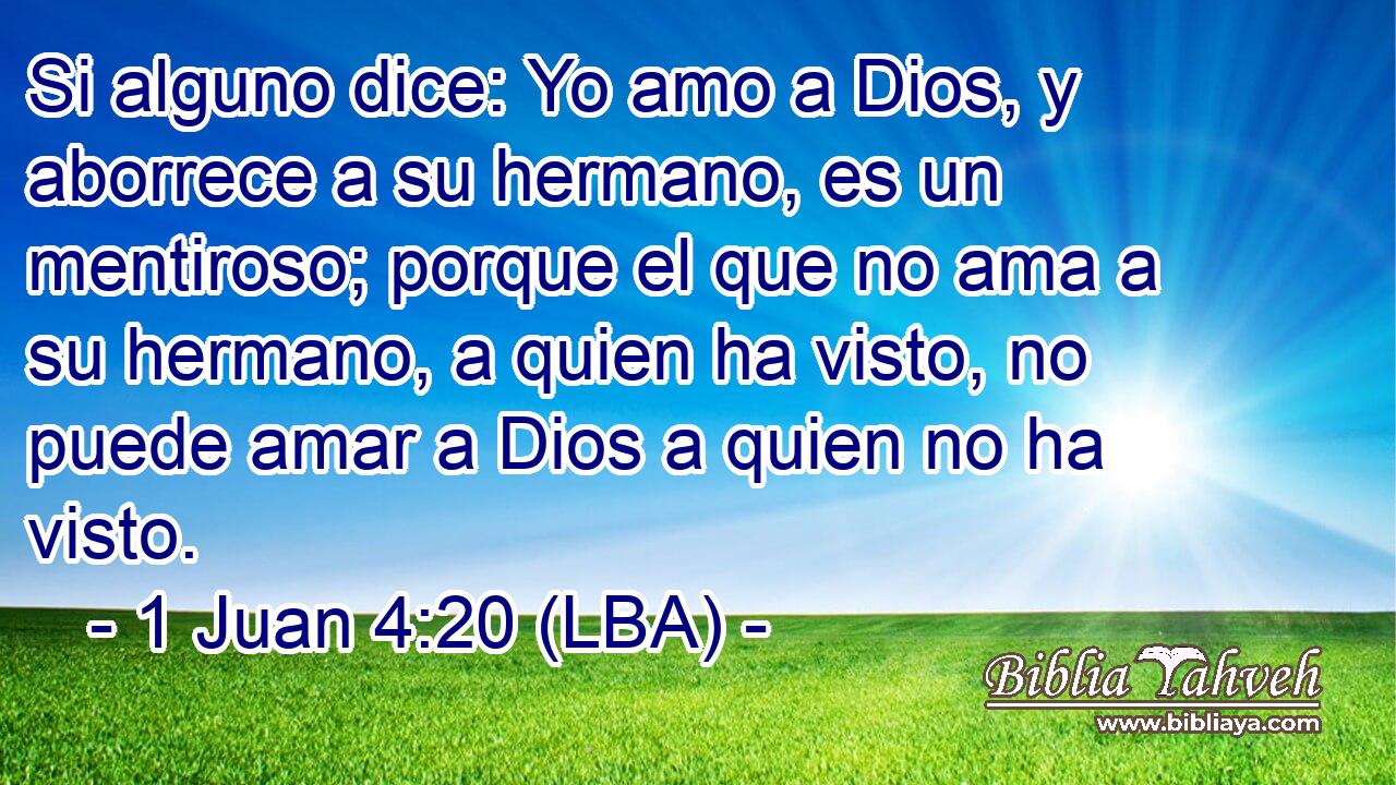 Si alguno dice: Yo amo a Dios, y aborrece a su hermano, es un mentiroso; porque el que no ama a su hermano, a quien ha visto, no puede amar a Dios a quien no ha visto.