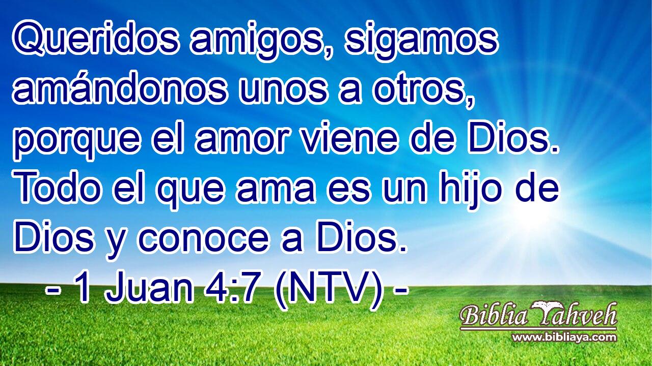 Queridos amigos, sigamos amándonos unos a otros, porque el amor viene de Dios. Todo el que ama es un hijo de Dios y conoce a Dios.