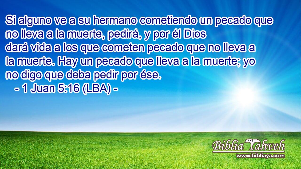 Si alguno ve a su hermano cometiendo un pecado que no lleva a la muerte, pedirá, y por él Dios dará vida a los que cometen pecado que no lleva a la muerte. Hay un pecado que lleva a la muerte; yo no digo que deba pedir por ése.