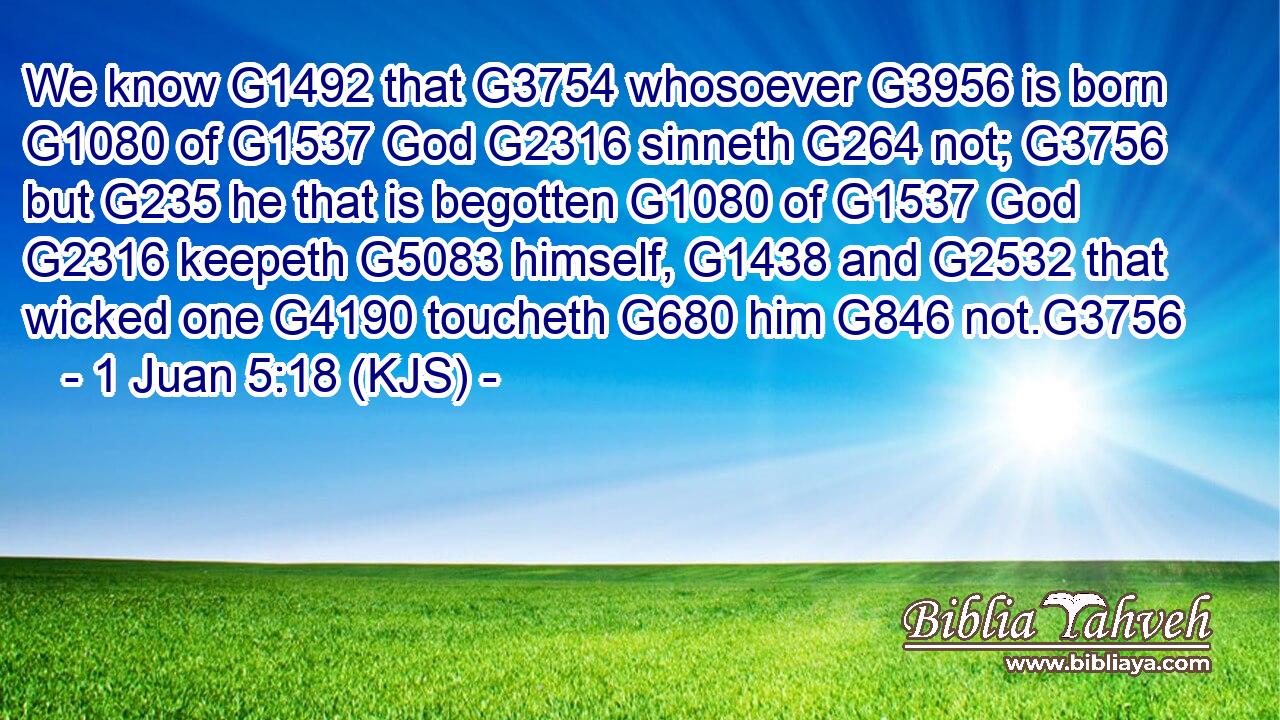 We know G1492 that G3754 whosoever G3956 is born G1080 of G1537 God G2316 sinneth G264 not; G3756 but G235 he that is begotten G1080 of G1537 God G2316 keepeth G5083 himself, G1438 and G2532 that wicked one G4190 toucheth G680 him G846 not.G3756