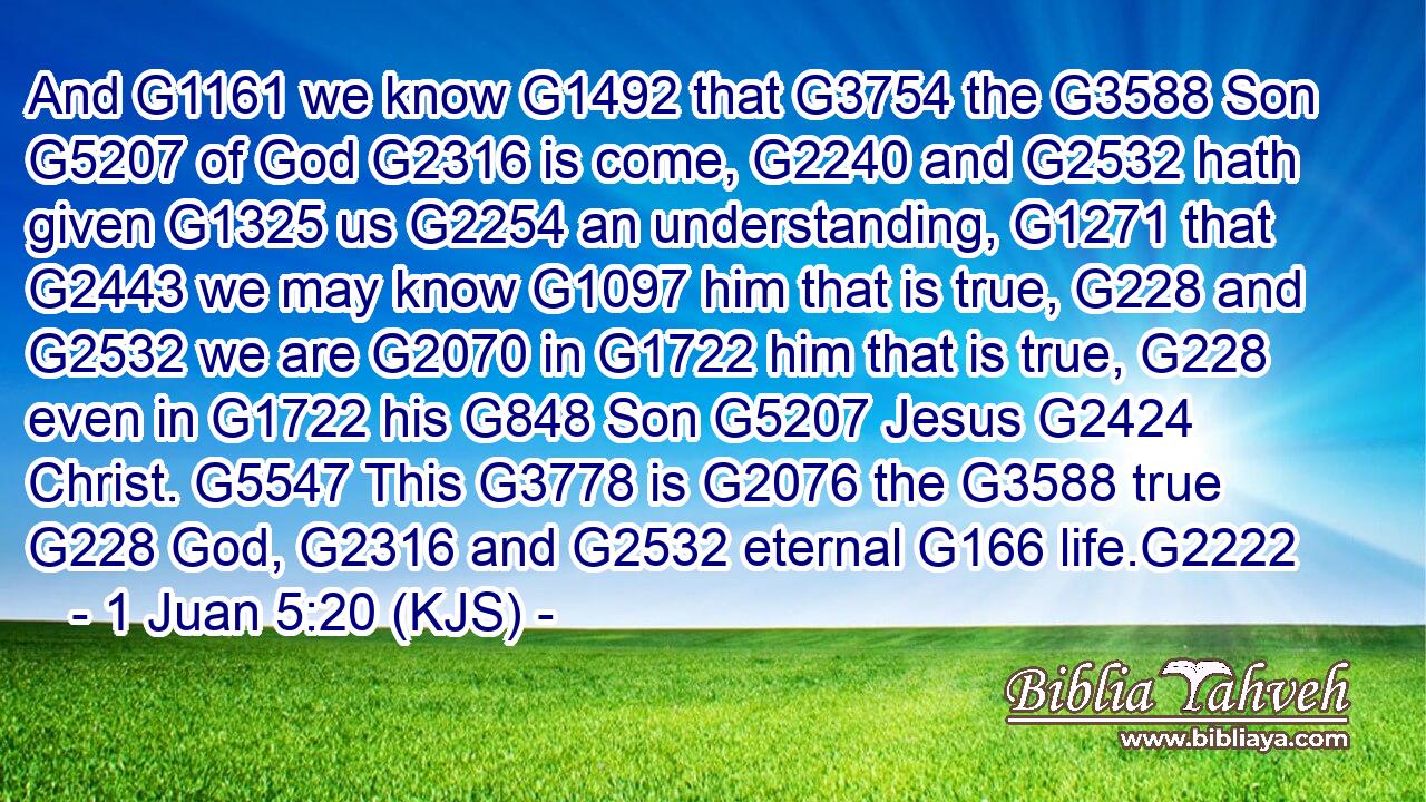 And G1161 we know G1492 that G3754 the G3588 Son G5207 of God G2316 is come, G2240 and G2532 hath given G1325 us G2254 an understanding, G1271 that G2443 we may know G1097 him that is true, G228 and G2532 we are G2070 in G1722 him that is true, G228 even in G1722 his G848 Son G5207 Jesus G2424 Christ. G5547 This G3778 is G2076 the G3588 true G228 God, G2316 and G2532 eternal G166 life.G2222